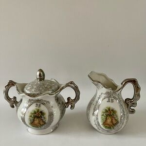 Vintage Enesco Japan 25th Wedding Anniversary Sugar Bowl & Creamer Set, 1950’s